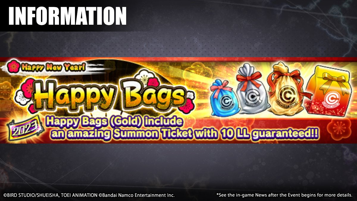 DB_Legends's tweet photo. [Happy New Year! Amazing "Happy Bags 2023" On Sale Now!!]
Happy Bags filled with amazing goodies are back! Happy Bags (Gold) contain a NEW YEAR RISING 2023 VIP Consecutive Summon Ticket good for a Consecutive Summon with 10 guaranteed LL characters!

#DBLegends
#LegendsFestival https://t.co/65dvSNUWb7