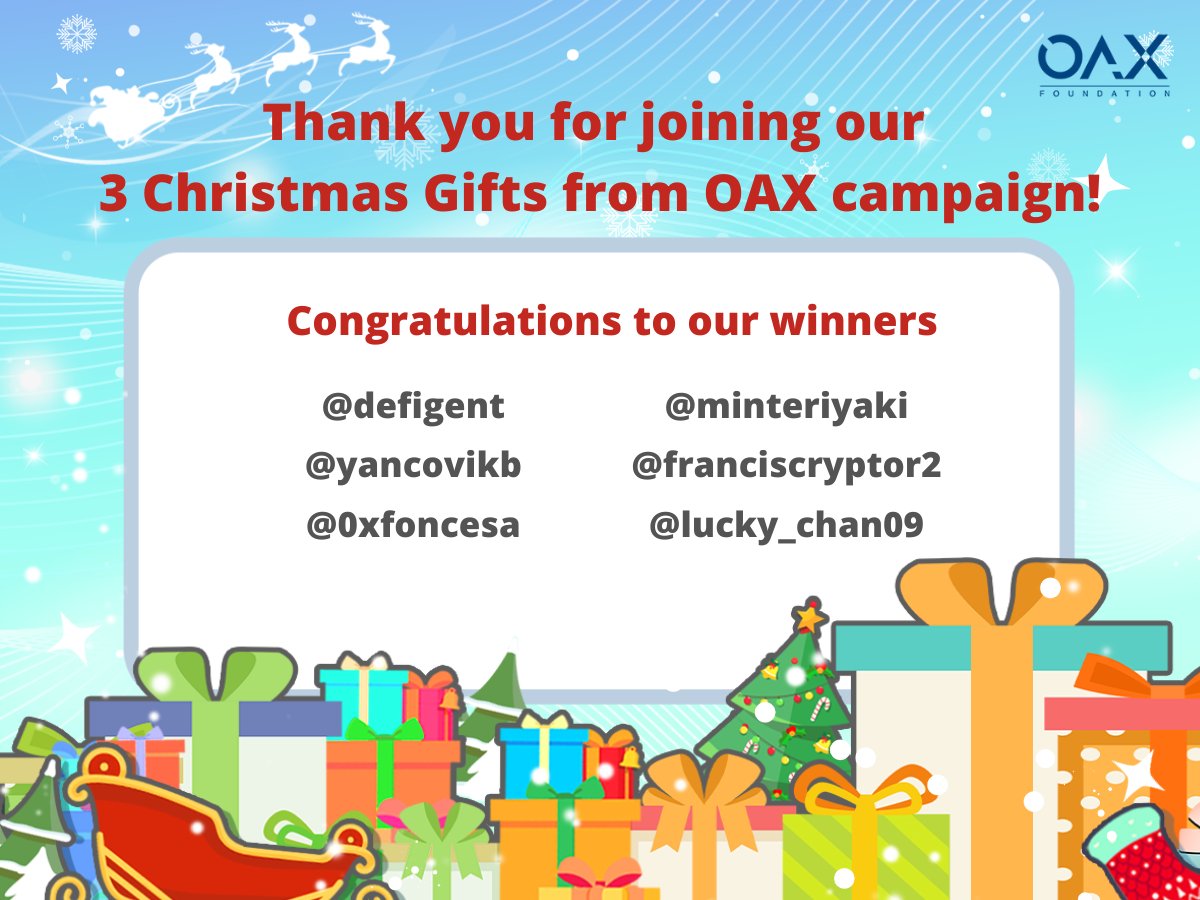 OAX_Foundation's tweet photo. Thank you everyone who participated in our '3 Christmas Gifts from OAX' campaign! It was a blast! 🥳

A big congratulations to all our winners. Please DM us on Twitter by latest 1/1/2023 for prize collection details. 😁

#OAX #giveaway #blockchain #digitalassets #cryptocurrency https://t.co/pn3Ry3MkAt