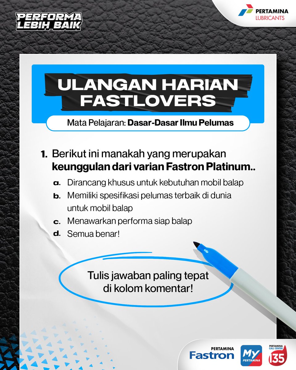 UJIAN AKHIR PEKAN biar weekend makin berkesan!

Kira-kira apa ya jawabannya? Yuk, tulis di kolom komentar! Yang bisa jawab dengan benar, Fastmin kasih hadiah deh.. ❤️‍🔥

Hadiahnya semangat! 😋

#PercayaFastron
#PerformaLebihBaik
#UnderstandsYou
