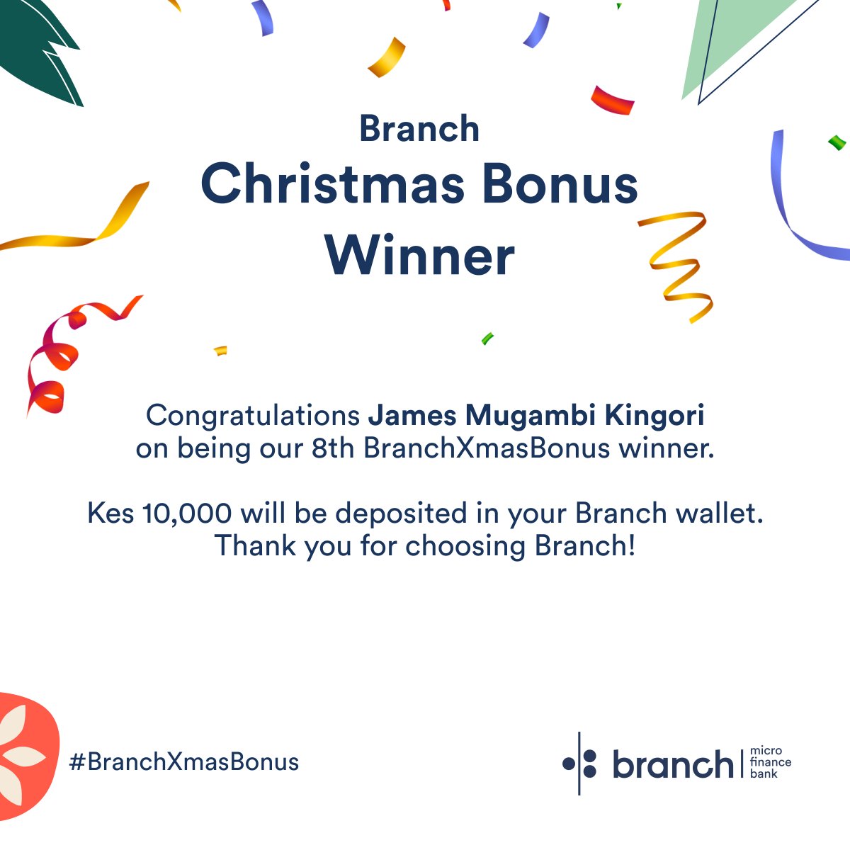 branchkenya_'s tweet photo. We are excited to announce our 8th giveaway winner, James Mugambi Kingori! Remember, every time you pay a bill, buy airtime or send money using Branch, you could win big! Keep transacting with us #BranchMFB #BranchXmasCampaign https://t.co/VugSFgDaim https://t.co/phNkHa3WgR