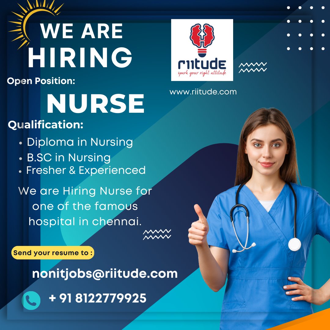 RiitudeNonIT's tweet photo. We Are HIRING - NURSE( Freshers &amp; Experienced ) for one of the famous Hospital in Chennai.
Mail ID_nonitjobs@riitude.com
Contact us +91 8122779925 https://t.co/e5HyRpgk8m