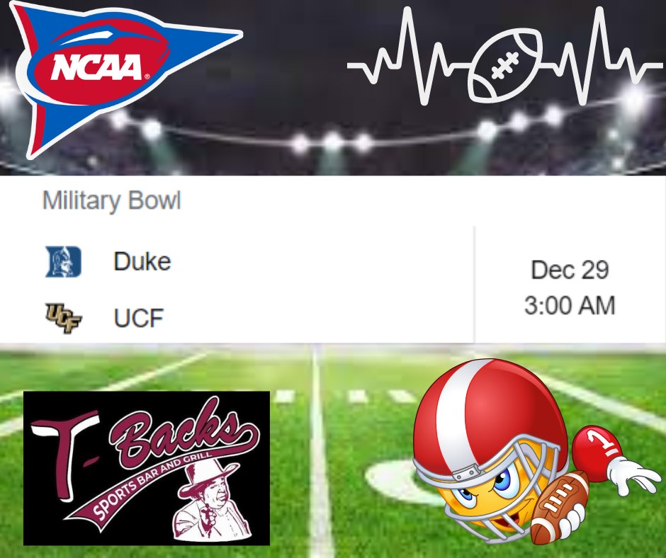 tbacksbbq's tweet photo. We have the NCAA Football Military Bowl with Duke vs UCF at T-Backs Sports Bar and Grill starting live at 03:00 am Thursday morning. #ncaafootball #angelescity #militarybowl #tbackssportsbarandgrill #Pampanga #tbacksisgood #dukevsucf https://t.co/dfUtftRcP1