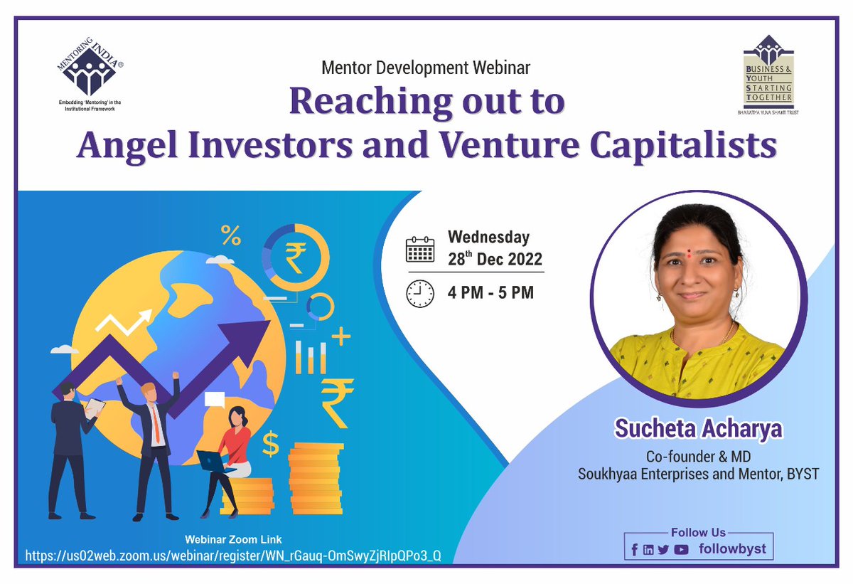 FollowBYST's tweet image. Join us for the mentor development webinar today at 4pm. 

Topic: Reaching out to angel investors and venture capitalists

Click on the link below to join;
us02web.zoom.us/webinar/regist…  

#BYSTWebinar #mentordevelopment #mentoringindia
