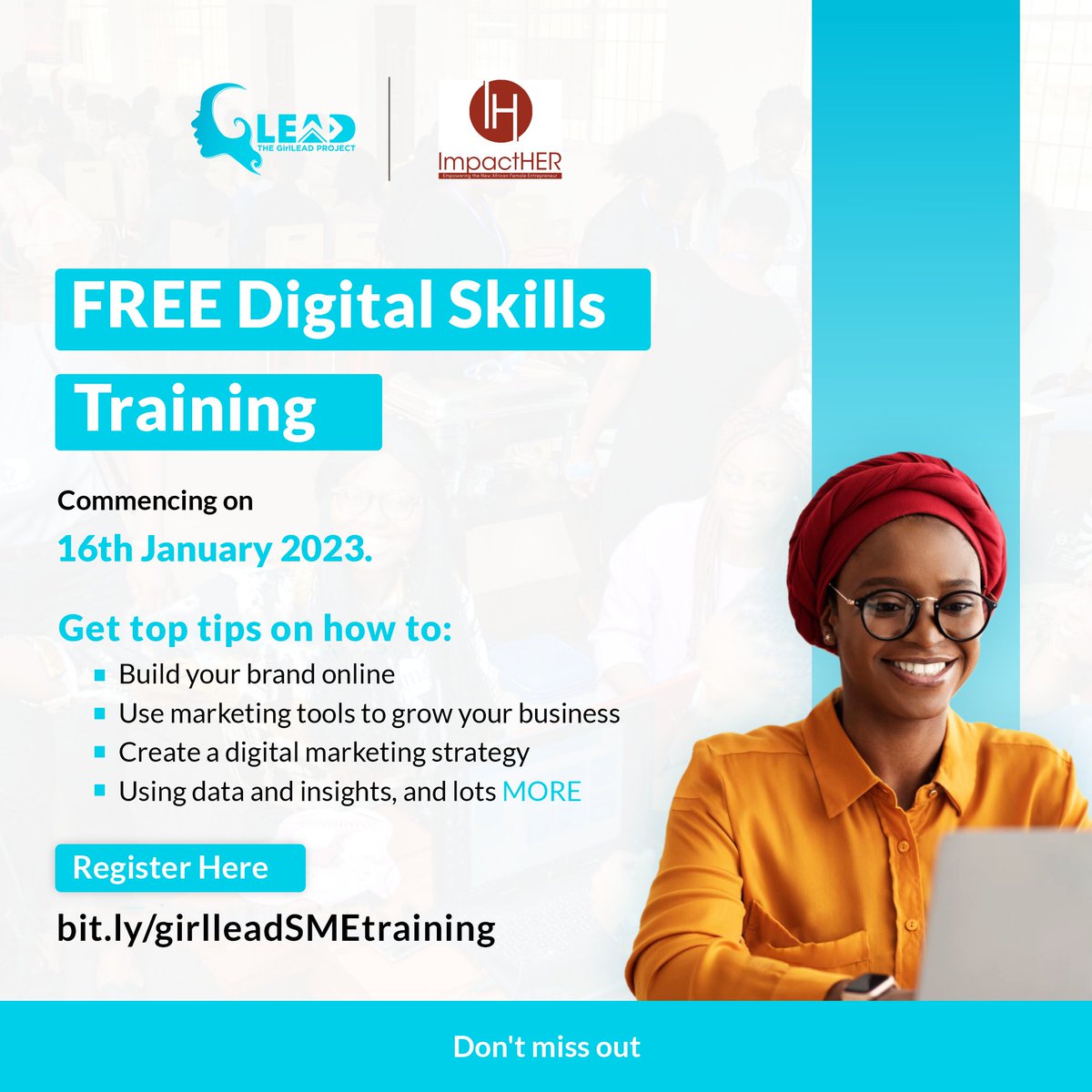 girlleadproject's tweet photo. It's finally here!!!

The GirlLEAD Project in partnership with ImpactHER is providing digital business skills for women-led SMEs and aspiring business owners across Africa.

Register now
https://t.co/BTvkpxhs39 https://t.co/Rl0qbn4Q1s