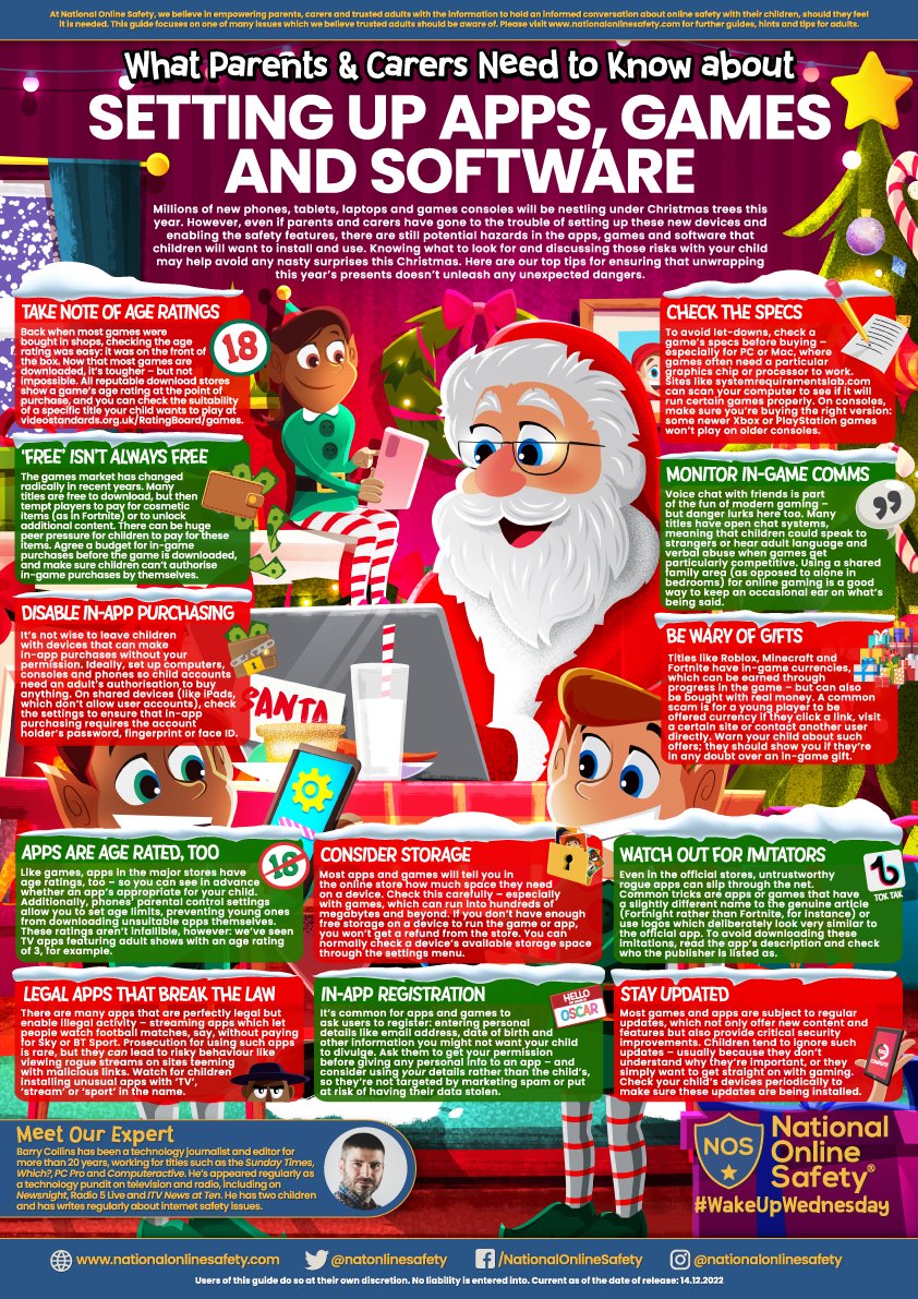 We hope you're all having a fantastic Christmas break! 🎅

Here's a reminder of our #WakeUpWednesday guide, packed with great tips to minimise #OnlineSafety risks for those new games, apps and devices! 🎁

Download >> bit.ly/3hnVzkq