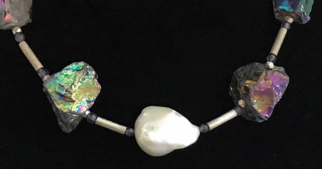 OCAGnc's tweet photo. ROCKIN' A PEARL by Rebecca Mclaughlin Neigher. See this at the #ocagnc Holiday show at the Orange County Arts Commission &amp; Eno Arts Mill Eno Mill Gallery, open Dec 2-28 #jewelry #ncarts #silver #pearl #agate #amethyst #necklacehttps://artsorange.org/enomill/monthly-mill-openings/ https://t.co/bzHVr3h5Ci
