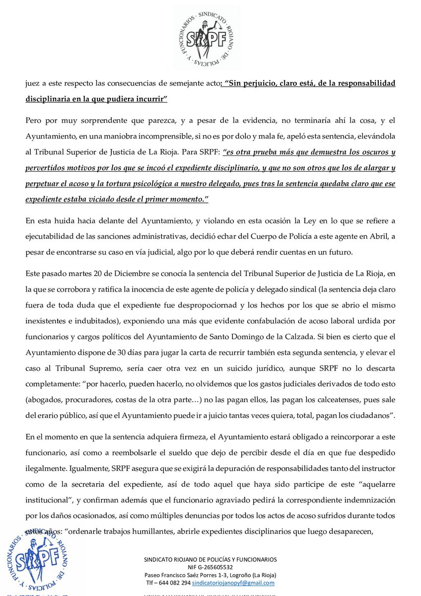 SRPFlarioja's tweet photo. Compartimos integra nota de prensa enviada a los medios y abrimos hilo. El Tribunal de Justicia de La Rioja falla nuevamente a favor del compañero de policía local separado del servicio ... https://t.co/1rbRdDbXGc