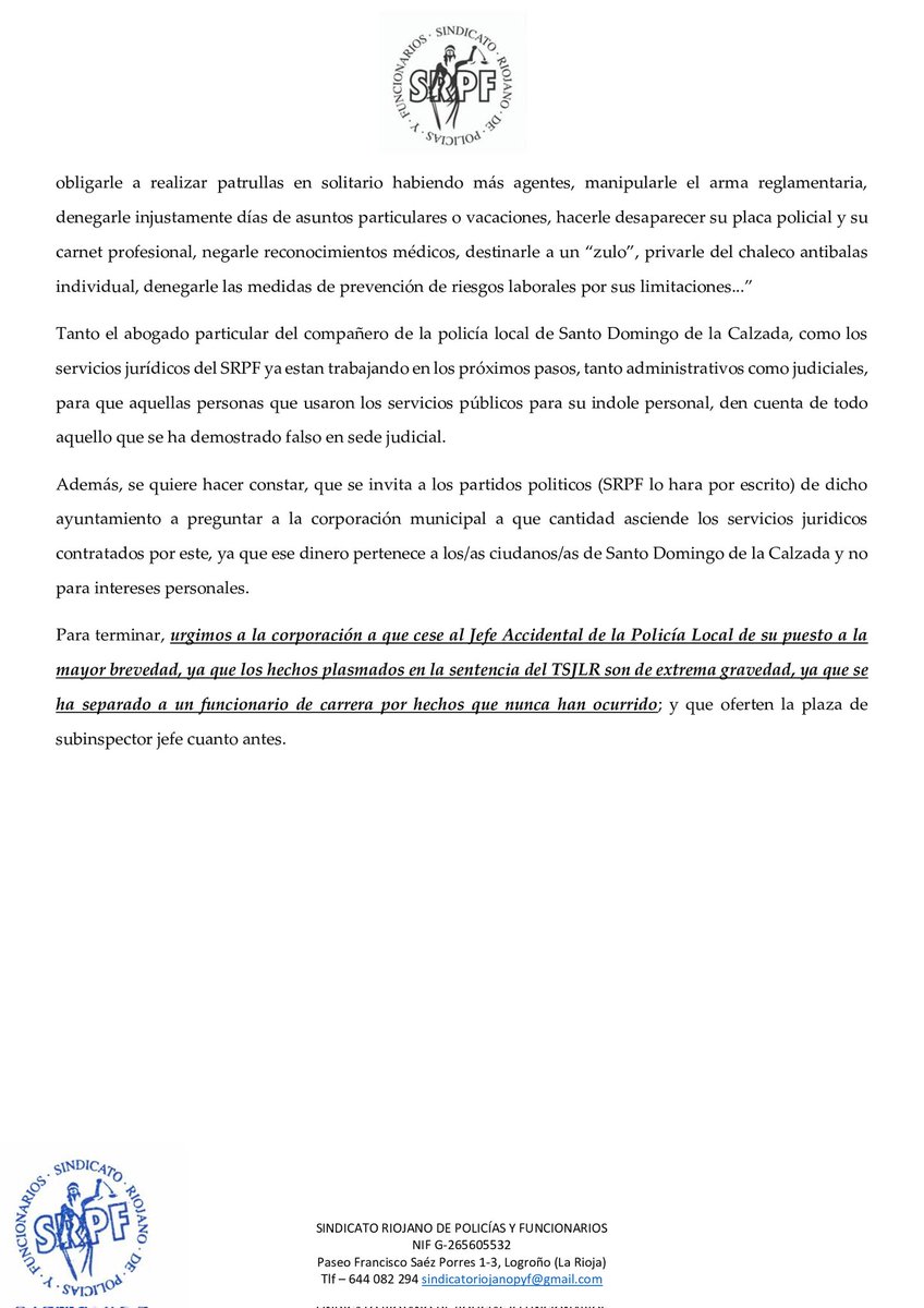 SRPFlarioja's tweet photo. Compartimos integra nota de prensa enviada a los medios y abrimos hilo. El Tribunal de Justicia de La Rioja falla nuevamente a favor del compañero de policía local separado del servicio ... https://t.co/1rbRdDbXGc