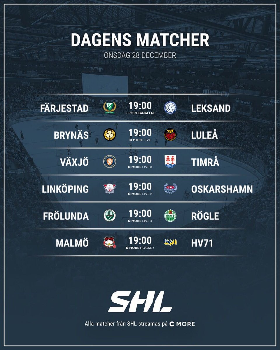 SHLse's tweet photo. Läs mer om kvällens matcher på https://t.co/tiEXbwvbfa📲
Samtliga matcher kan du se hos @cmoresport📺
#SHL #twittpuck #ishockey #svsshl #FBKLIF #BIFLHF #VLHTIK #LHCIKO #FHCRBK #MIFHV71 https://t.co/7XDQHTj2UH