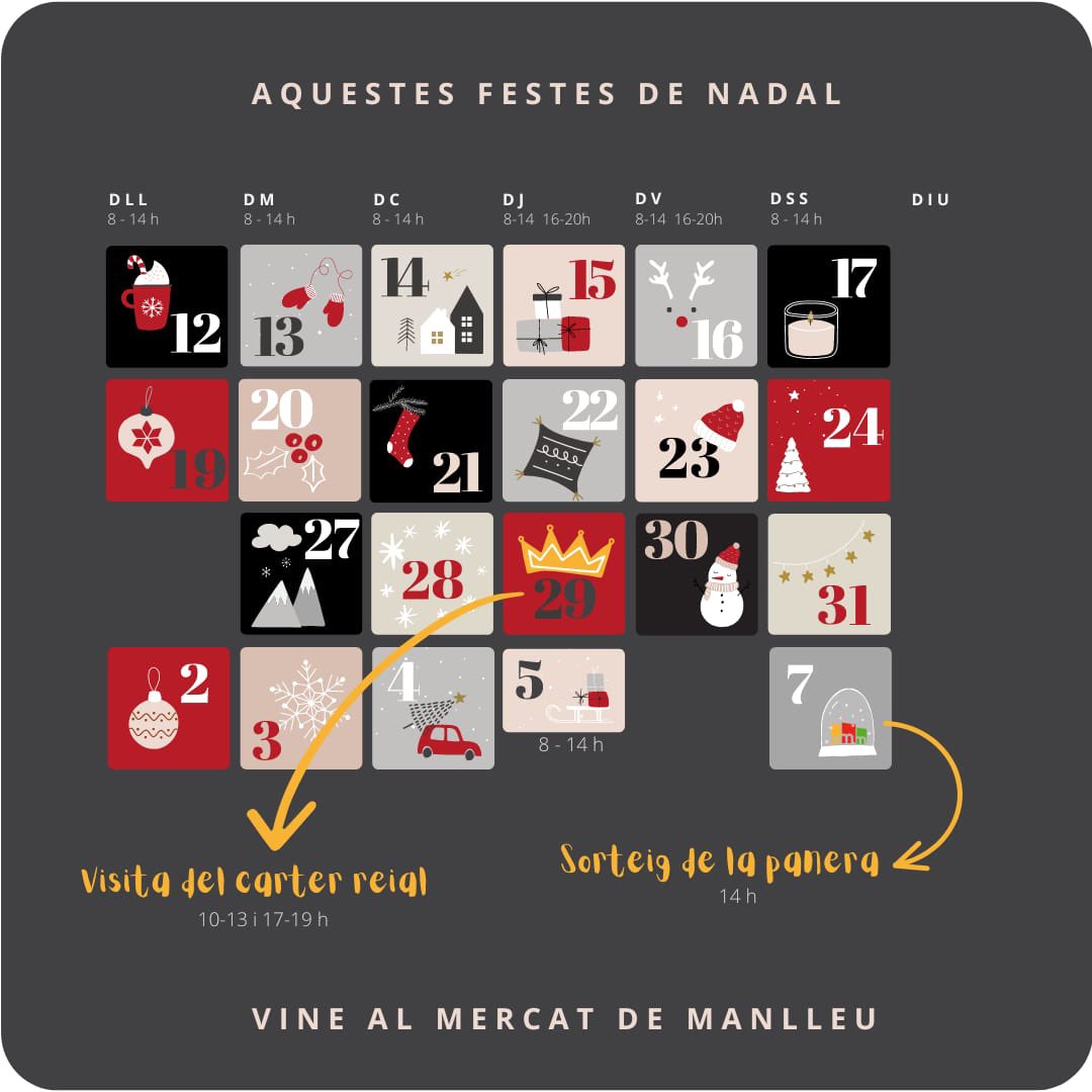 Al #MercatManlleu ja ho tenim tot a punt per l'arribada del carter Reial 😍
Demà, dijous, de 10 a 13h i de 17 a 19h veniu a portar les vostres cartes i emporteu-vos un petit obsequi 😋
#elmercatetcuida
