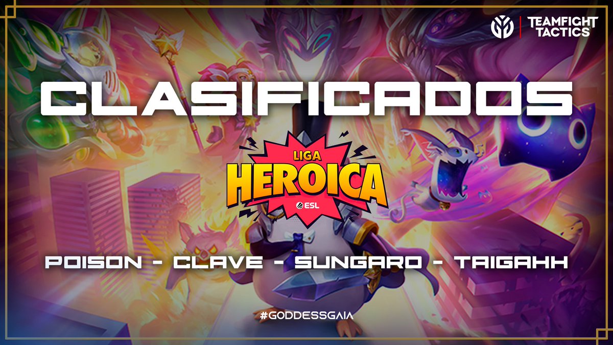 #TFT | Update

¡Les prometimos que dominaríamos #LAN &amp; #LAS y vamos enserio con ello! 😌

¡Nuestros cracks @IIPoisonII, <a href="/clubdefansclave/">Clave</a>, @sungaro1 y @Taigahh97 estarán presentes en la #LigaHeróica de <a href="/ESLlatam/">ESL Latinoamérica</a>! 🔥

#GoddessGaia