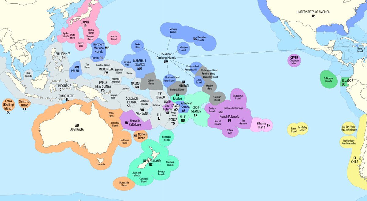 jeangene_vilmer's tweet photo. Pacific Islands are bigger than they seem, as shown on this useful map of the Exclusive Economic Zones (EEZ) in the Pacific Ocean. https://t.co/wcrBeY5T0g