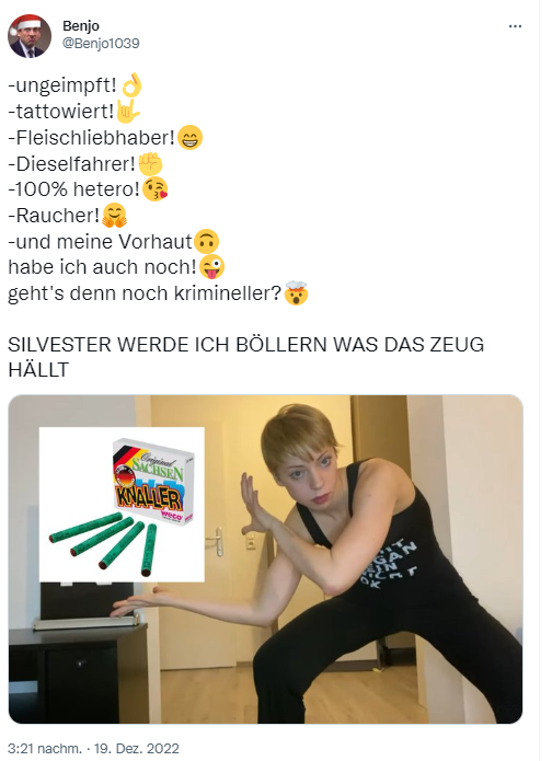 Gegen_die_AfD's tweet photo. Der typische #Querdenkende #Antisemit, Homohasser, und Dieselfetischist in einem Tweet erklärt. Wir wüssten nebenbei schon, wo er sich die Böller hinstecken kann. #NoAfD #AfD https://t.co/pXBYrkei2E