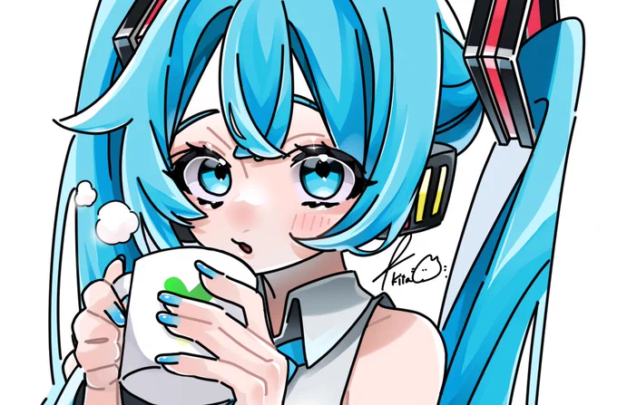 「…そんなにじろじろ見られたら飲みにくいです」#初音ミク 