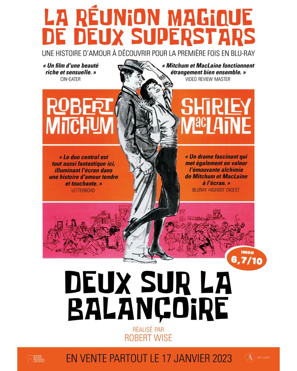 RiminiEditions's tweet photo. 1/2
✨ DEUX SUR LA BALANÇOIRE, disponible en combo DVD/BLU-RAY dès le 17 janvier 2023 pour sa première sortie en BLU-RAY en France.
👉 Précommander: https://t.co/kujFQr1hfD
#DeuxSurLaBalançoire #TwoForTheSeesaw #RobertWISE #RobertMITCHUM #ShirleyMacLAINE #DVD #BLURAY https://t.co/oUo5Q0vqfF