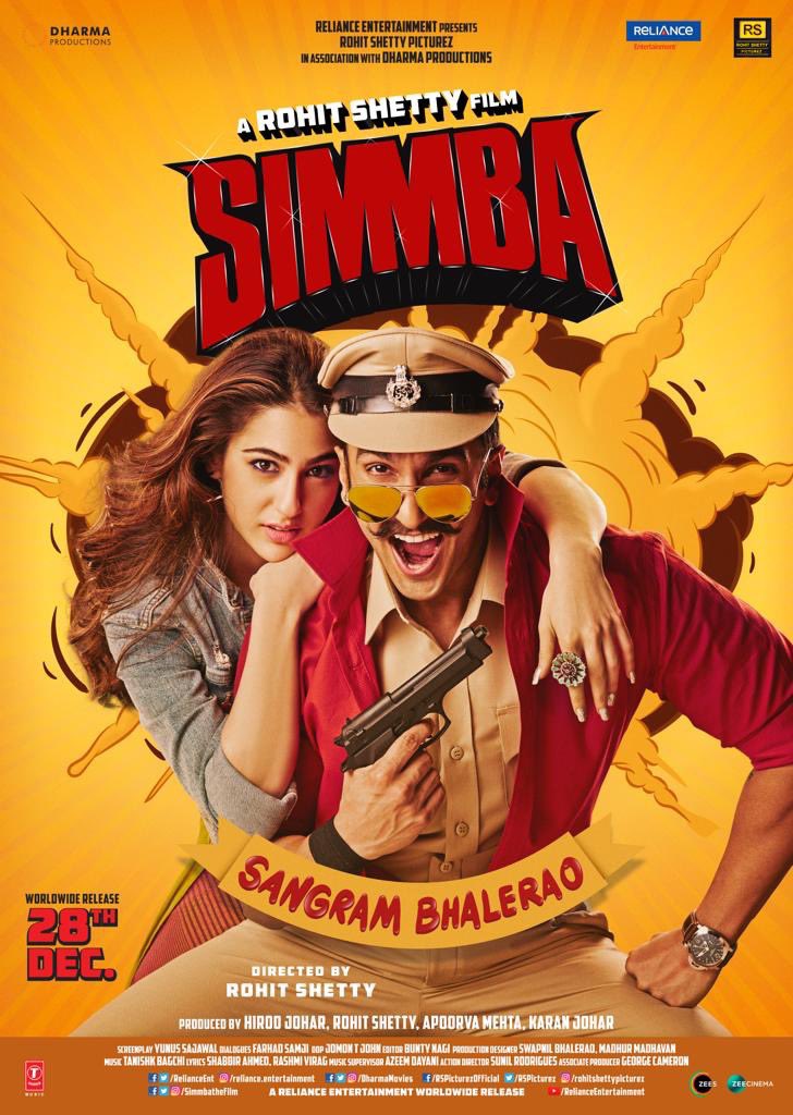 CinemaniaIndia's tweet photo. Hindi blockbuster #Simmba, the third installment in the #RohitShetty's cop universe, starring #RanveerSingh, #SaraAliKhan and #SonuSood released on this day (28/12) in 2018.
#4YearsOfSimmba @RanveerOfficial @SaraAliKhan https://t.co/J4D8Y5HAYO