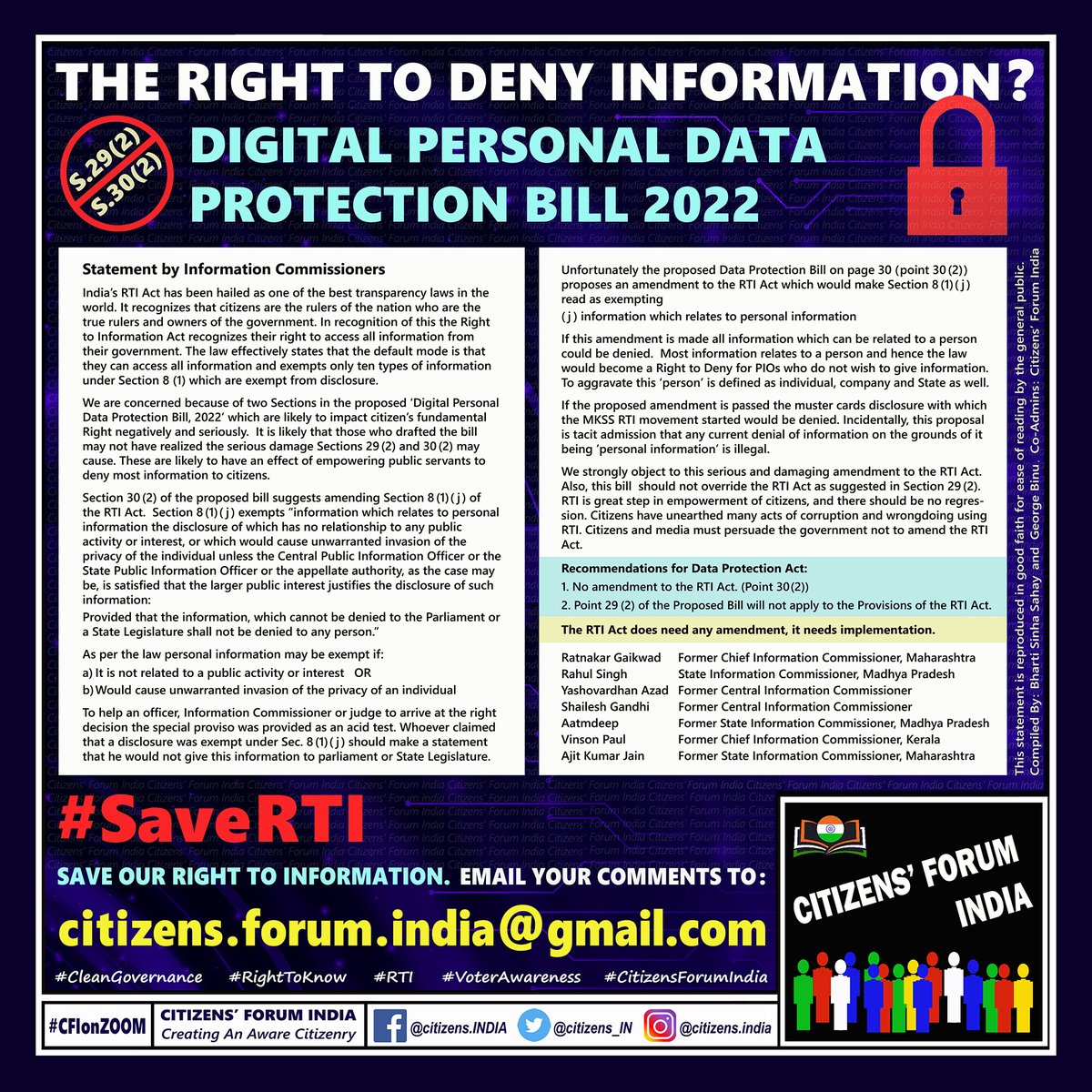 citizens_IN's tweet image. Statement of Information Commissioners Wrt
#DigitalPersonalDataProtectionBill2022

&apos;We strongly object to this serious and damaging amendment to the RTI Act.
#DPDPBill2022  should not override the #RTIAct.&apos;

#SaveRTI
#RightToInformation
#FundamentalRight
#CitizensForumIndia #CFI