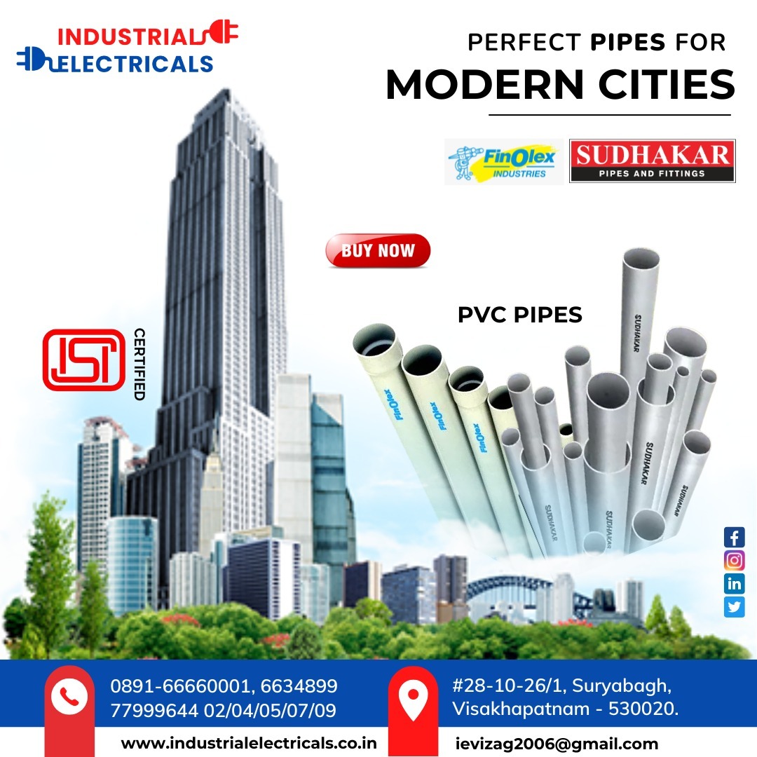 IndustrialEle12's tweet photo. ""INDUSTRIAL ELECTRICALS is The Best PVC Pipes distributor in Vizag.
Our drainage system not only is noise efficient but also maintenance-free, it lasts long and is leakproof.

For more details contact: 7799964404"

#cablewire #upvc #pvc #pvcpipes #plastic #pipefittings #pipes https://t.co/QoQAQUuNiJ
