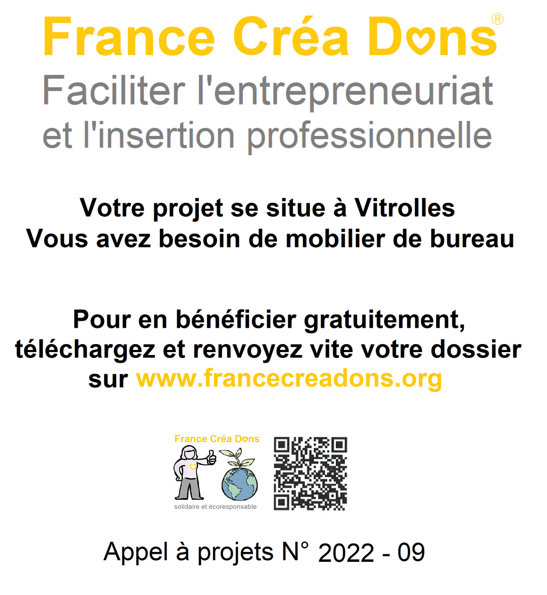 Votre projet se situe aux alentours de Vitrolles et vous avez besoin de mobilier de bureau.

Pour en bénéficier gratuitement téléchargez et envoyez vite votre dossier sur francecreadons.org

#entreprendre #engagement #ESS #vitrolles #bouchesdurhone
