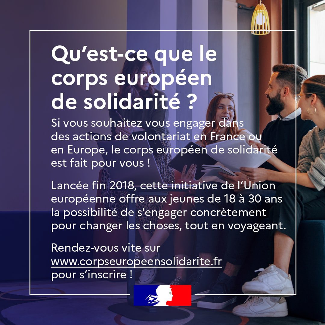 #1jour1question 📌

Qu’est-ce que le Corps européen de solidarité ?

Cette initiative permet aux jeunes de 18 à 30 ans d'effectuer des missions de volontariat partout en Europe.

Pour en savoir plus ➡️
commission.europa.eu