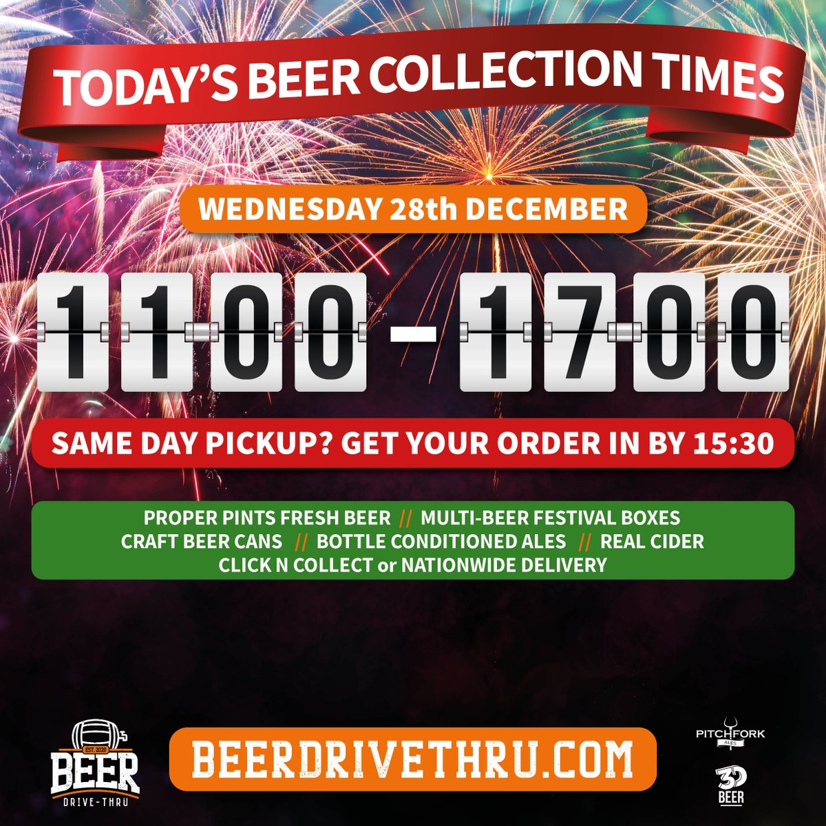 Today's timings for you... Click n collect from the brewery is open 11am to 5pm (order cut off is 3.30pm). Want delivery? For national deliveries, order cut off is today at 3pm (locals you have until tomorrow!) - here's the link of beery magic... bit.ly/3w6cMlc