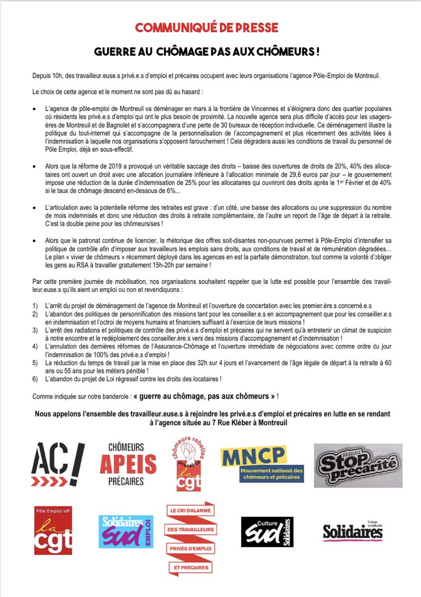 synptac's tweet photo. Des chômeurs investissent les agences de Pôle Emploi à Montreuil, à Marseille, à Lorient, à Lille...
@olivierdussopt
Non aux attaques contre l'indemnisation des chômeurs !
#GuerreAuChomagePasAuxChomeurs https://t.co/akFF8wV25I