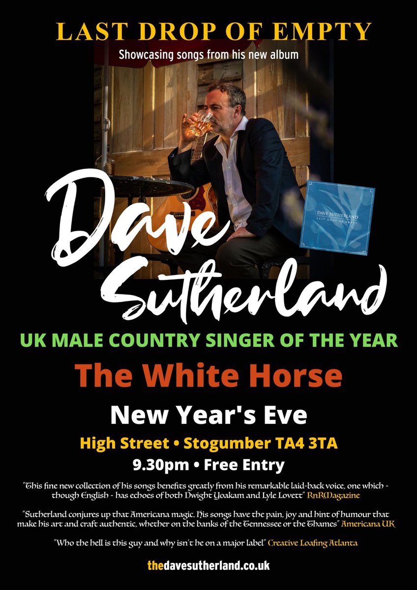 Last (and first) gig of the year! The White Horse, Stogumber, Somerset, New Year’s Eve, 9.30pm til late! Hope to see you there! ❤️🍷🍻😎
@bbcsomerset @VisitSomerset @TauntonToGo @WatchetLIVEfest #americana #countrymusicuk #stogumber #Taunton