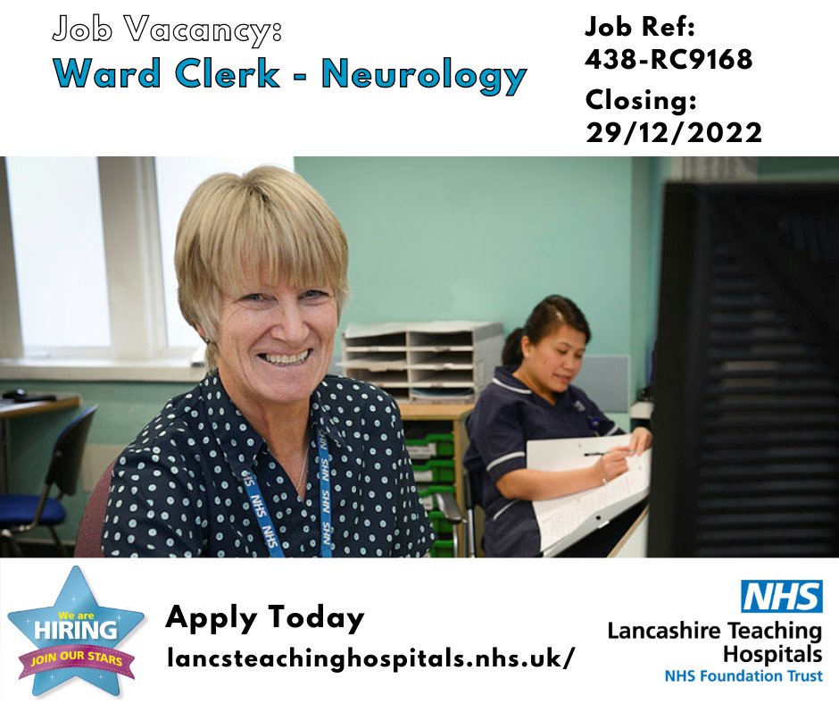LancsHospJobs's tweet photo. Job Vacancy: Ward Clerk - Neurology

⏰ Closes: 29/12/2022

Read more and apply: https://t.co/iP34cYd11x

#NHS #NHSjobs #Lancashire #LancashireJobs #WardClerk #Neurology #Preston #Chorley https://t.co/wqEhXBF2gF