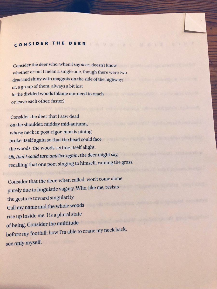 ‘Consider the deer who, when I say deer, doesn’t know / whether or not I mean a single one, though there were two’ — Taylor Johnson (@djrealboy_)

#mypoetrybookshelf