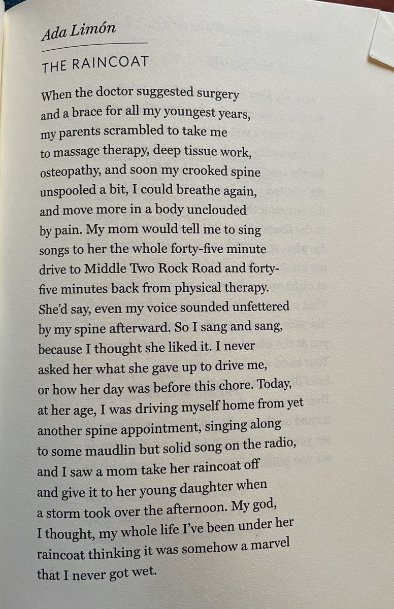 Some #poetry from ⁦@adalimon⁩ - reminding me to see the gifts of the relationships all around me, no matter how imperfect 

‘My whole life I’ve been under her raincoat thinking it was somehow a marvel that I never got wet.’  

#PoetryHelps #perspective