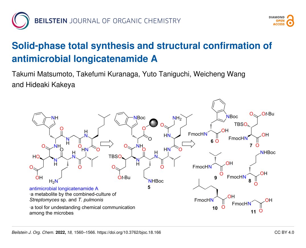 BeilsteinInst's tweet photo. π Researchers at Kyoto University @KyotoU_News π―π΅ report the solid-phase total synthesis and structural confirmation of #longicatenamide A.
#antimicrobial #longicatenamides #totalsynthesis #solidphasesynthesis
π https://t.co/vpIkDbWqb5
#DiamondOpenAccess ππ #BJOC https://t.co/k5xncakTxe