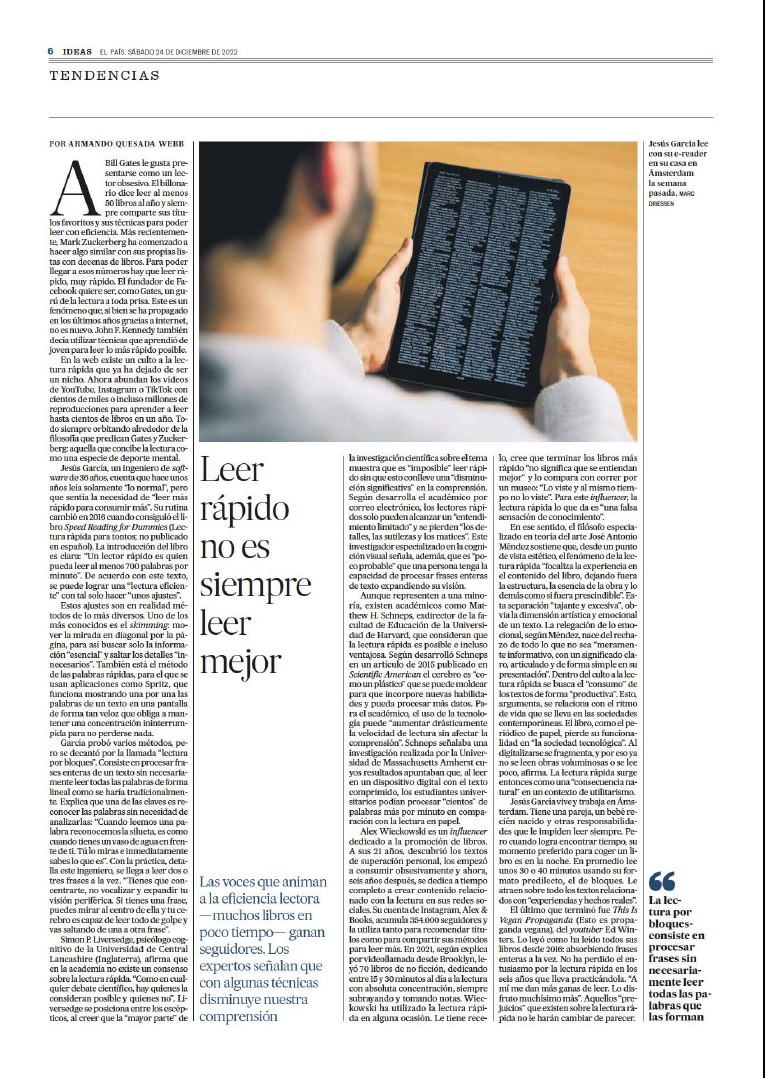 A propósito del tuit anterior, en <a href="/elpais_espana/">EL PAÍS España</a> el último sábado se publicó un artículo sobre los métodos de lectura rápida que te permiten leer más libros. Leerlos, pero no necesariamente comprenderlos. Yo huyo de esos métodos que convierten la lectura en algo mecánico.