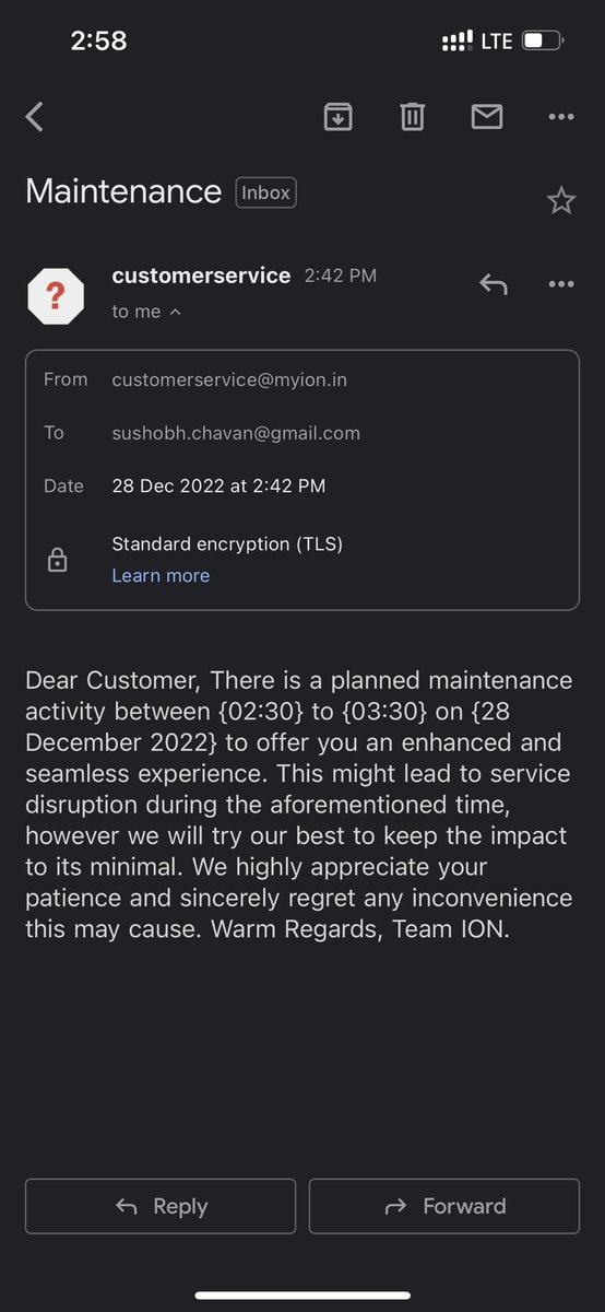 sushobhchavan's tweet image. Hello @highspeedION ,

If you have an maintenance activity is pre planed and you mail us on the same day in between the maintenance time. This how you guys provide us the Service. Worst experience ever I am unhappy and most irritated of your service. See the time in below image