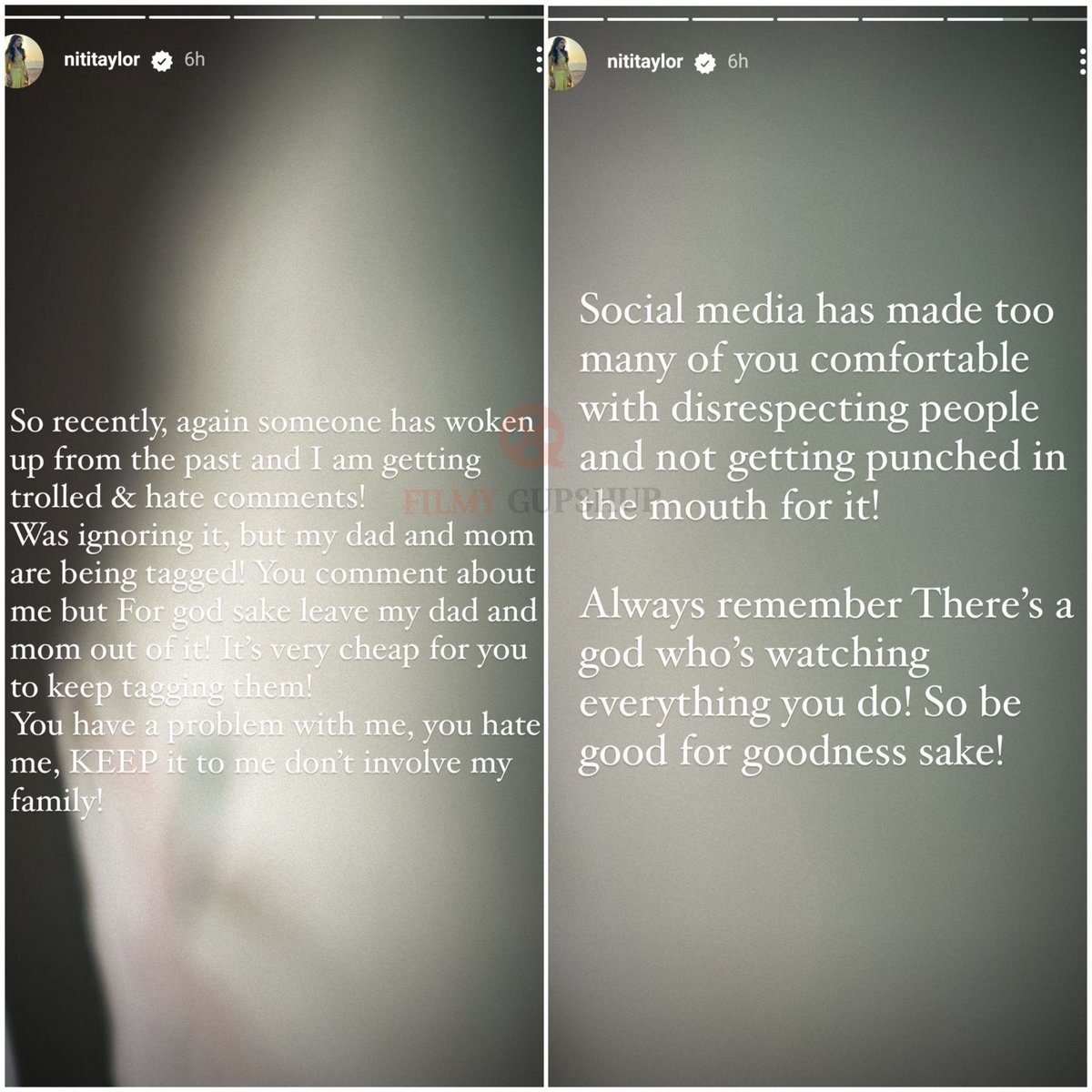 FilmyGupshups's tweet image. Niti Taylor hits back at Social Media trolls attacking her family says, &quot;Keep it to me don&apos;t involve my family&quot; and “There’s a God who is watching” 😳😤

#NitiTaylor #NitiTaylorBawa #Family #Trolls #KaisiYehYaariaan #KYYSeason4  #KYYS4OnVoot #Filmygupshup