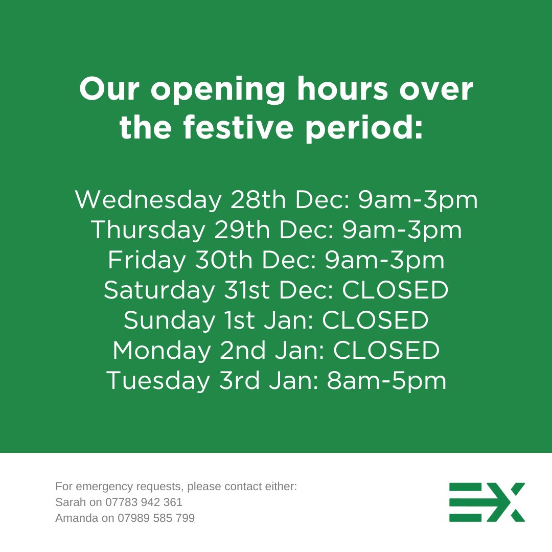 ExporterServ's tweet photo. Our opening hours this week! ✨

From Wednesday 28th to Friday 30th, we're open 9am till 3pm. 

Closed from Saturday 31st Dec to 2nd Jan, with us resuming normal business hours on Tuesday 3rd January. 

From all of us, we wish you a very Happy New Year! 🎉 https://t.co/nDQW1KTWwR