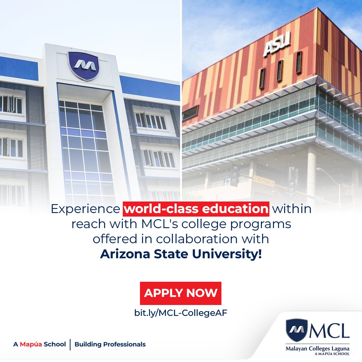 MapuaMCL's tweet photo. MCL is now offering several programs in collaboration with @ASU!
ADMISSIONS is now ONGOING for A.Y. 2023 - 2024!
#StudyAtMCL and experience world-class education within reach.
📌Apply now: https://t.co/HO47lQL1MZ
📌Ask Us: https://t.co/ie4qcrEqzT
#BuildingProfessionals https://t.co/buywSpXQF3