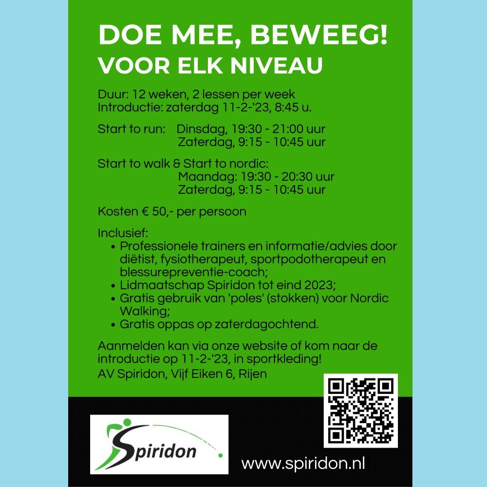 avspiridon's tweet photo. DOE MEE, BEWEEG! Voor elk niveau.
Start to run / Start to walk &amp; Start to nordic bij AV Spiridon in Rijen:
Duur 12 weken, 2 lessen per week,
vanaf zaterdag 11 februari 2023.
Kosten: € 50,00 per persoon
Aanmelden via https://t.co/gMWHlVvqwA https://t.co/iAUOSkCgzR