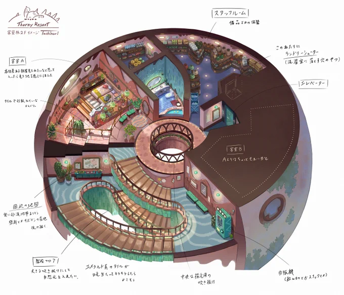 以前描いていたホテルの客室デザイン部屋描いてる時にそこのフロアはどんな感じなんだろう、と思ったのでフロアごと考えてみました。Floor design of an imaginary hotel called Thorny Resort. 