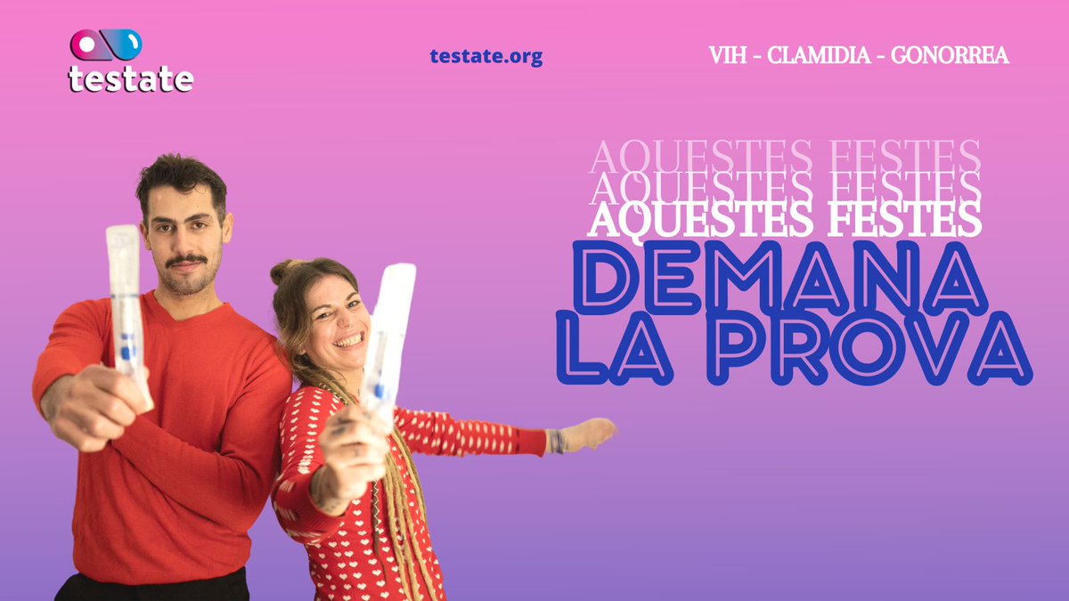 TORNA TESTATE🏳️‍🌈🏳️‍⚧️

AQUESTES FESTES DEMANA LA PROVA!! 🥳🥳🥳

Resideixes a Catalunya?
Vols fer-te les proves? Has tingut alguna penetració sense preservatiu? Se t'han corregut a la boca? 

Fes-te la prova de #clamídia i #gonorrea o #VIH. A CASA I GRATUÏT 
▶️testate.org