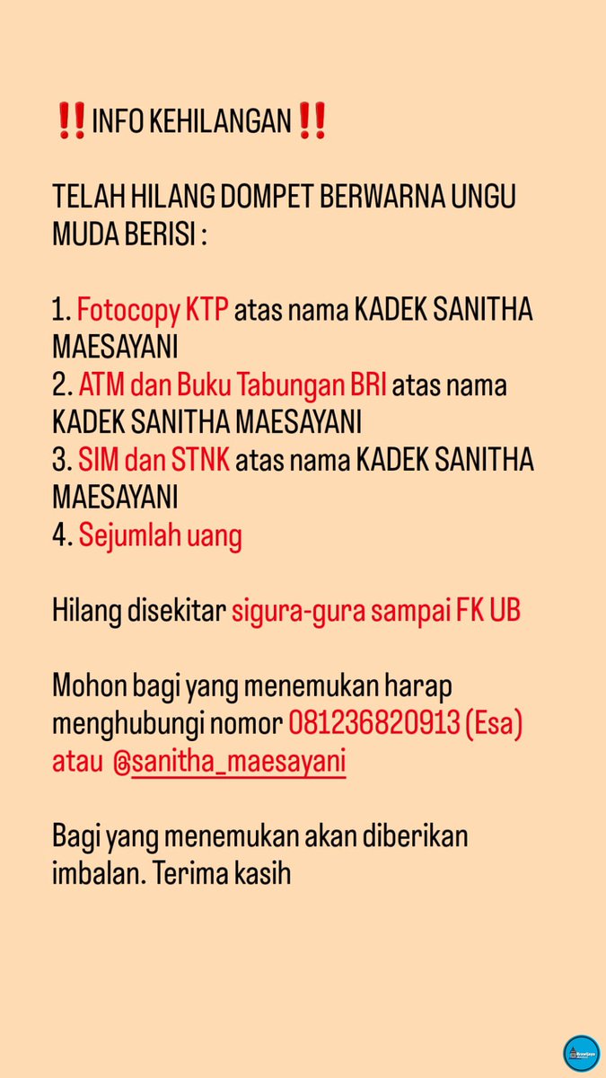 ubsansfess's tweet photo. Braw! Berita Kehilangan. Minta tolong ya. Makasih. https://t.co/bCDYnTh7zL