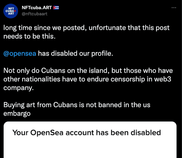 Major NFT platform <a href="/opensea/">OpenSea</a> blocks Cuban artists from using its platform, citing US sanctions. This move has been criticized for going against the principles of #Web3, which promises economic freedom for all. #NFTs have been a lifeline for many Cuban artists during the pandemic😷