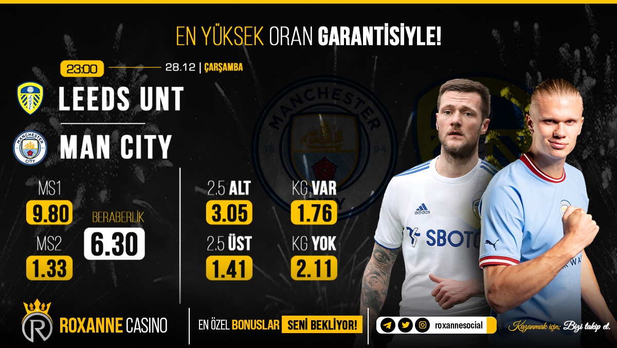 RoxanneSocial's tweet photo. 🏆İngiltere Premier Lig'de Pep Guardiola yönetimindeki Manchester City, deplasmanda Leeds United ile karşılaşacak.🔥🔥

✅Zorlu mücadele TSİ 23:00'te başlayacak.

ROXANNE CASİNO EN YÜKSEK ORANLARLA BAHSİNİ BEKLİYOR🎰

#casino #bahis #ingiltere #maç https://t.co/FmFJiymByY