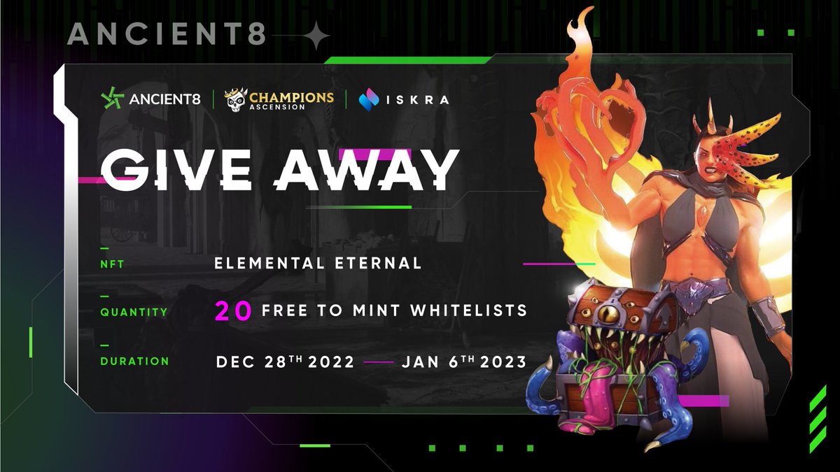 ⚡️Ancient8 x Champions Ascension x Iskra Giveaway!⚡️

<a href="/ChampionsIO/">Champions Ascension</a> is redefining entertainment with a true play-and-earn #web3 experience!
We are teaming up to give away 20 Whitelist Spots to mint 2 Elemental Eternal NFTs for free!

Join Now!👉🏻 gleam.io/J5hsq/-ancient…