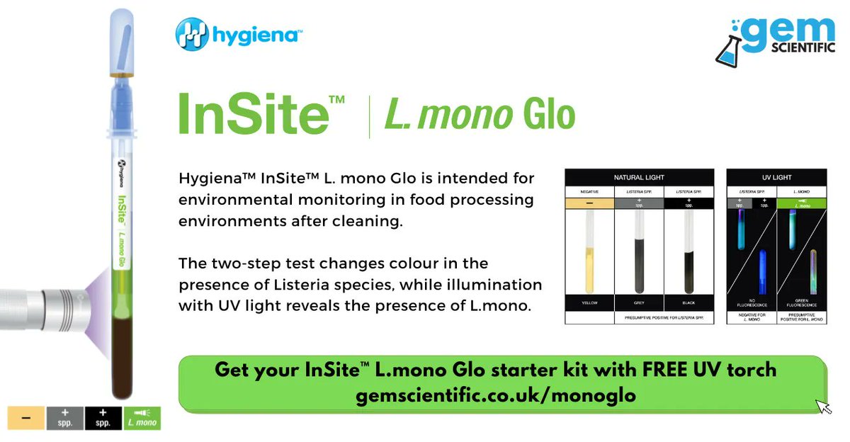 GemScientific's tweet photo. The Hygiena InSite L.mono Glo Starter Pack contains all the equipment you need to get started using the InSite L.mono Glo tests:

- 50 Hygiena InSite L.mono Glo Swabs
- Hygiena Digital Dry Block Mini Incubator with 12-well swab block
- Free UV Torch

https://t.co/JBC6zk1zgV https://t.co/MRAlnlmg8U
