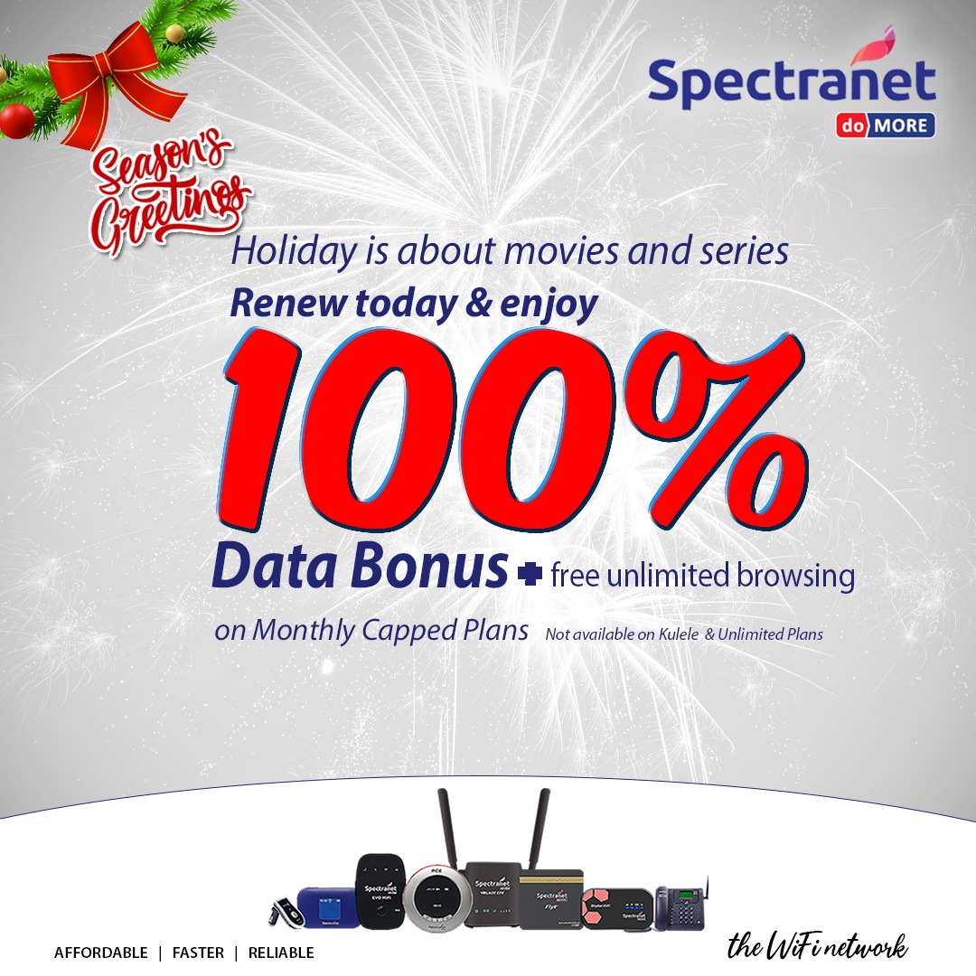 Spectranet_NG's tweet photo. If you've got more movies and series for the holiday, then we've got more data for you! Renew your subscription today and enjoy double value on your monthly capped renewed plan! #Stayconnected and #doMore with friends and family on #theWiFiNetwork https://t.co/C1KAIjGSMP