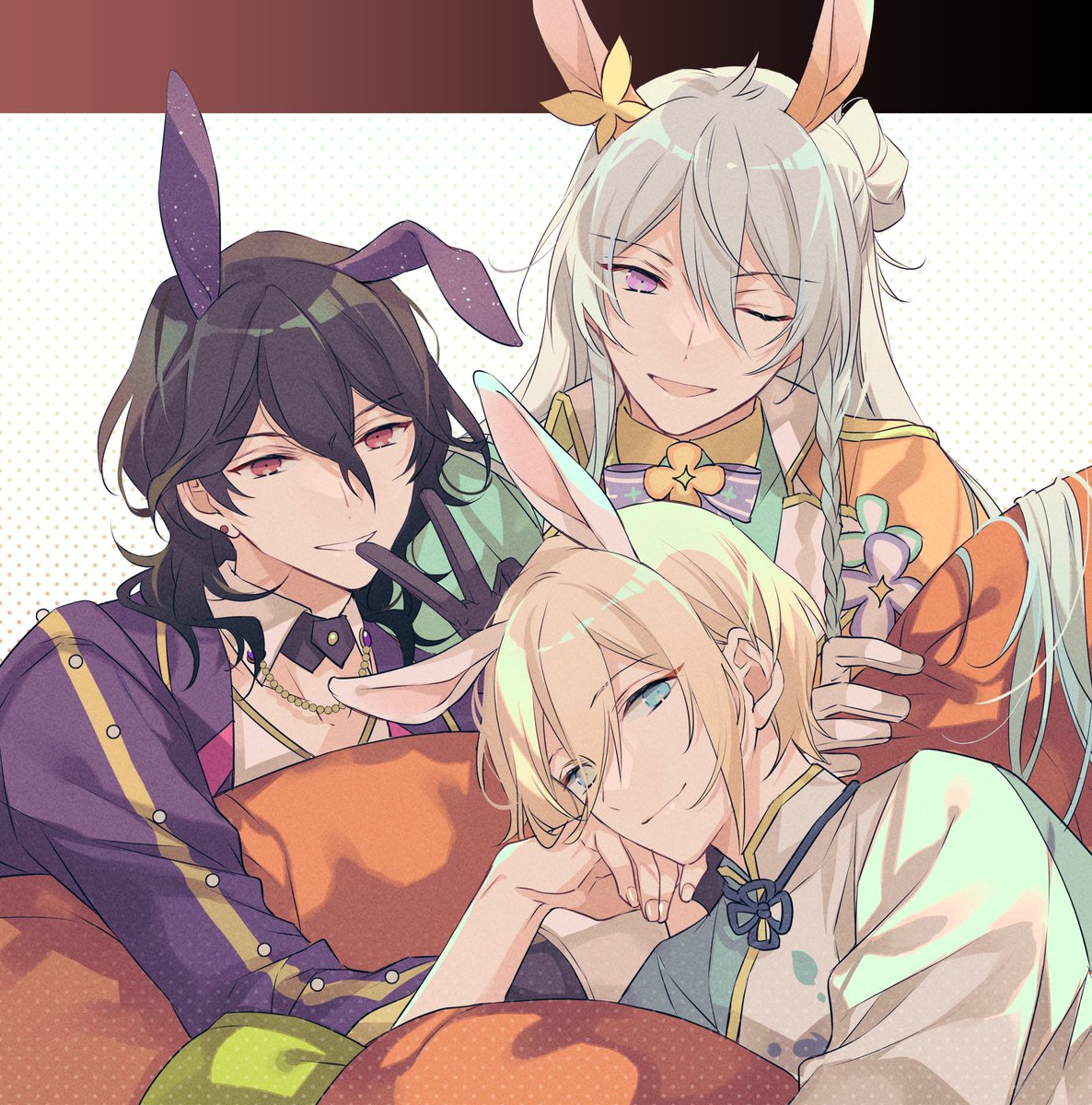 multiple boys 3boys animal ears blonde hair one eye closed rabbit ears purple eyes  illustration images