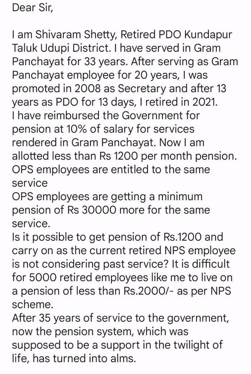 Considering the interest of the employees, it is unfortunate that the pension which is meant to support retirees like me is of no use. #bringbackops <a href="/CMofKarnataka/">CM of Karnataka</a> <a href="/PMOIndia/">PMO India</a> <a href="/tv9kannada/">TV9 Kannada</a> <a href="/publictvnews/">PublicTV</a> <a href="/republic/">Republic</a> #NPS #OPS