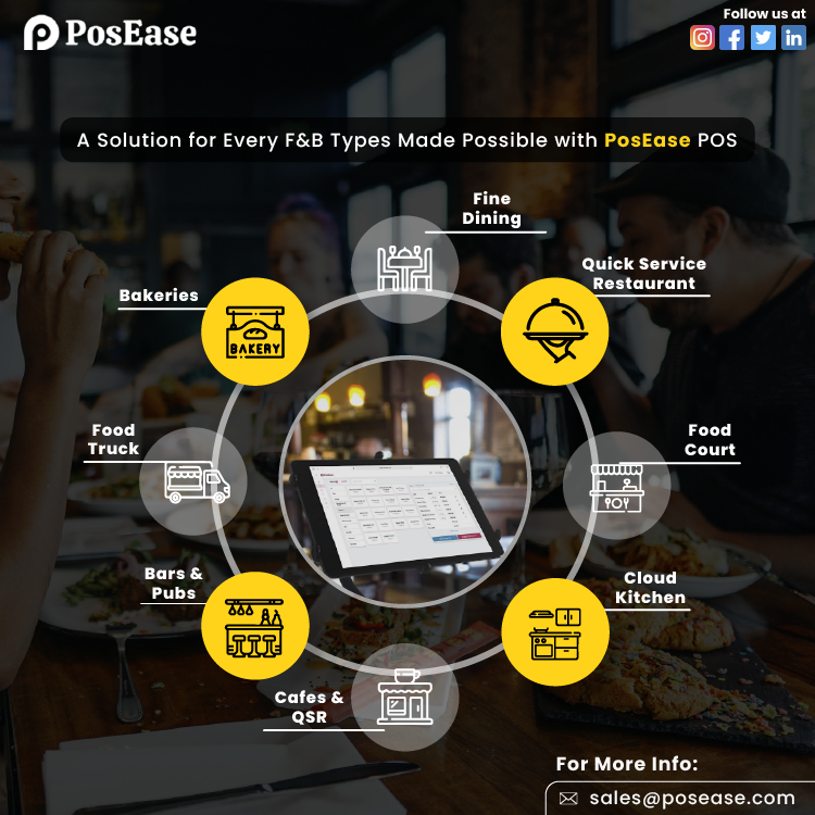 PosEase's tweet photo. A Solution for Every F&amp;B Types Made Possible with PosEase POS

- Fine Dining
- Quick Service restaurant
- Food Court
- Cloud Kitchen
- Cafes &amp; QSR
- Bars &amp; Pubs
- Food truck
- Bakeries

Sign up for free💫
https://t.co/mKlu9cKREP
📲95017-95038

#pos #posease #restaurant 
#followus https://t.co/GvHCWuznsS