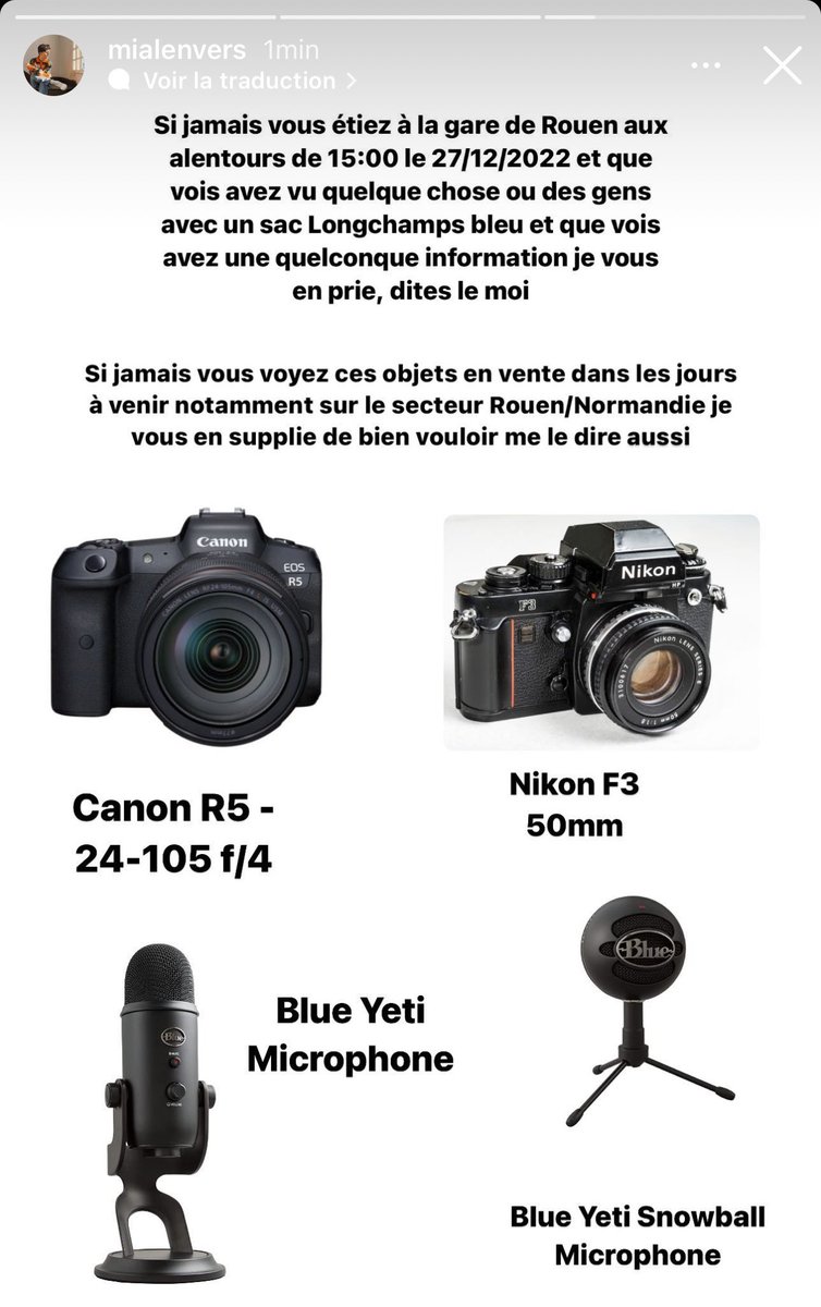 ‼️Vol bagage Gare de Rouen‼️
27/12/23 à 14:58 ma copine s’est fait voler son sac de voyage par trois hommes avec son matériel pro de photo dedans… Si vous avez vu/retrouvé quelque chose n’hésitez pas à nous contacter (merci)! <a href="/train_nomad/">SNCF NOMAD TRAIN</a> <a href="/SNCF/">❌</a> <a href="/SNCFConnect/">SNCF Connect</a> <a href="/RegionNormandie/">Région Normandie</a>