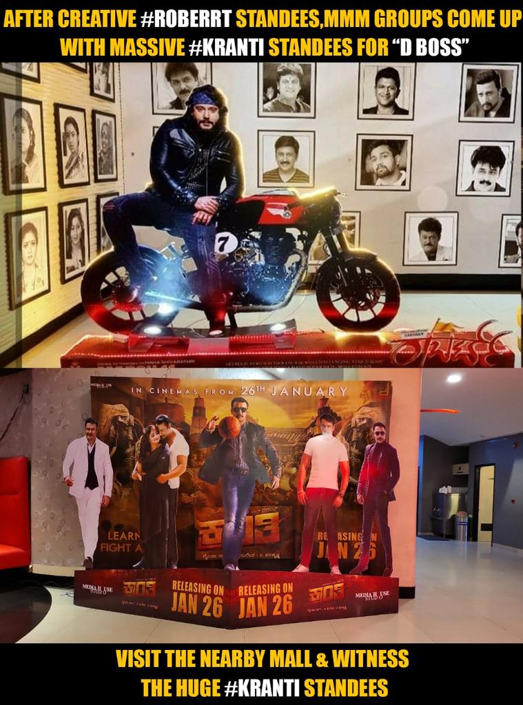 ValderBros's tweet photo. Massive #Kranti standees by @mmmgroups as the promotion part!

Before they did for #Roberrt movie.

#KrantiRevolutionFromJan26th #dboss #Pushpavathi #BombeBombe

@dasadarshan @DSS_TeamMandya @DarshanTrends @Dcompany171 https://t.co/CLwFBq8ziQ